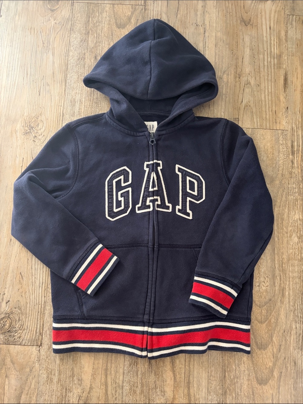 GAP Kids Navy Zip-Up Hoodie with Red & White Stripe Trim